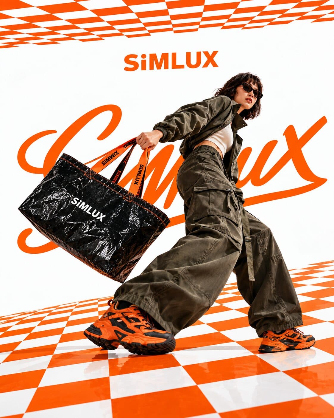 Model striding across an orange checkerboard with a black SiMLUX Cargo Bag
