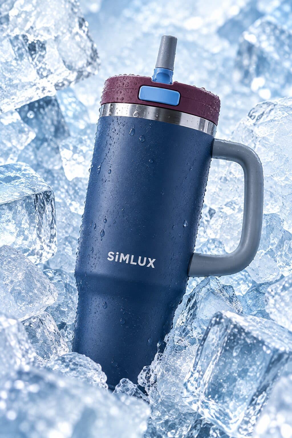 Deep Blue SiMLUX 40oz tumbler beaded with water, packed in ice