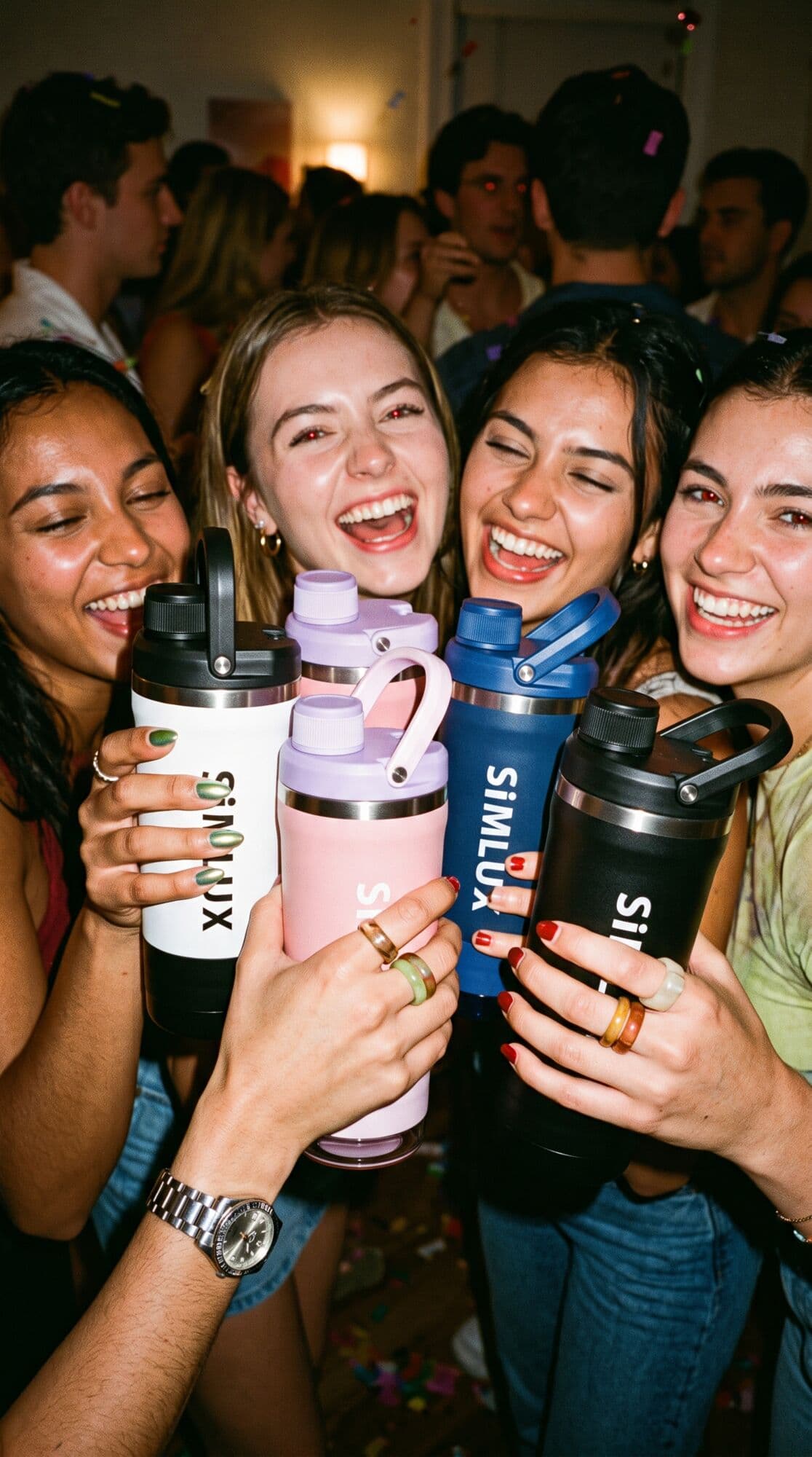 Friends laughing at a party, raising shakers in every colour
