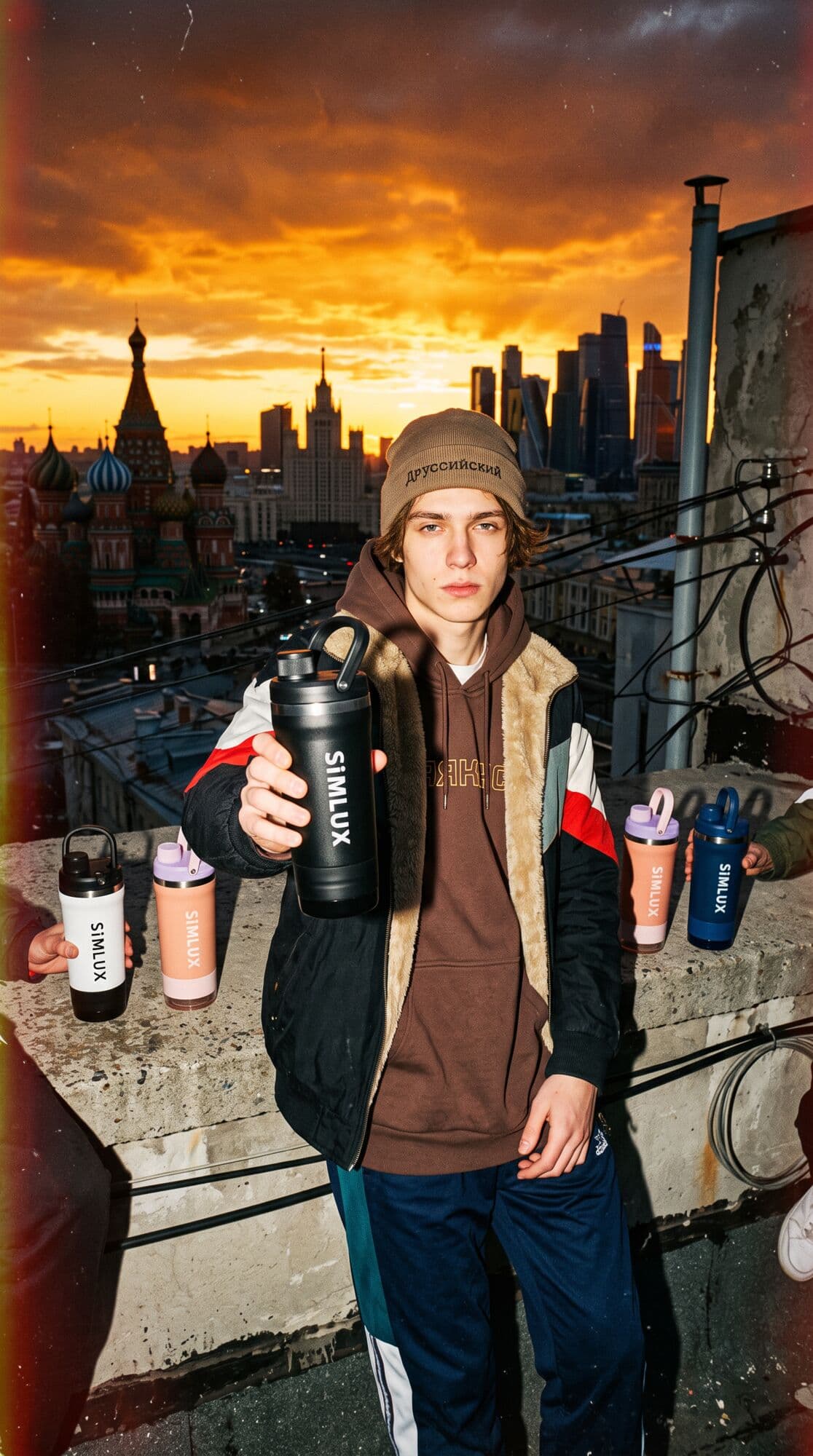 Model on a rooftop at sunset with a Black shaker